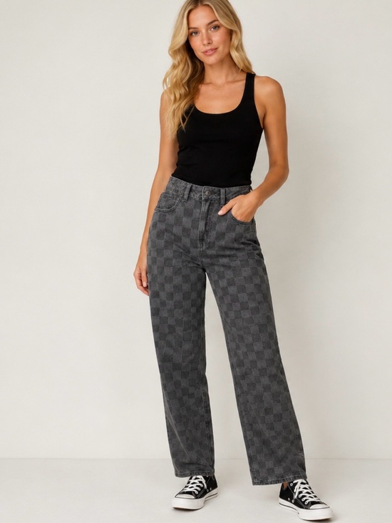 Vans Denim - Vans sirelle baggy fit black & grey checkered jeans